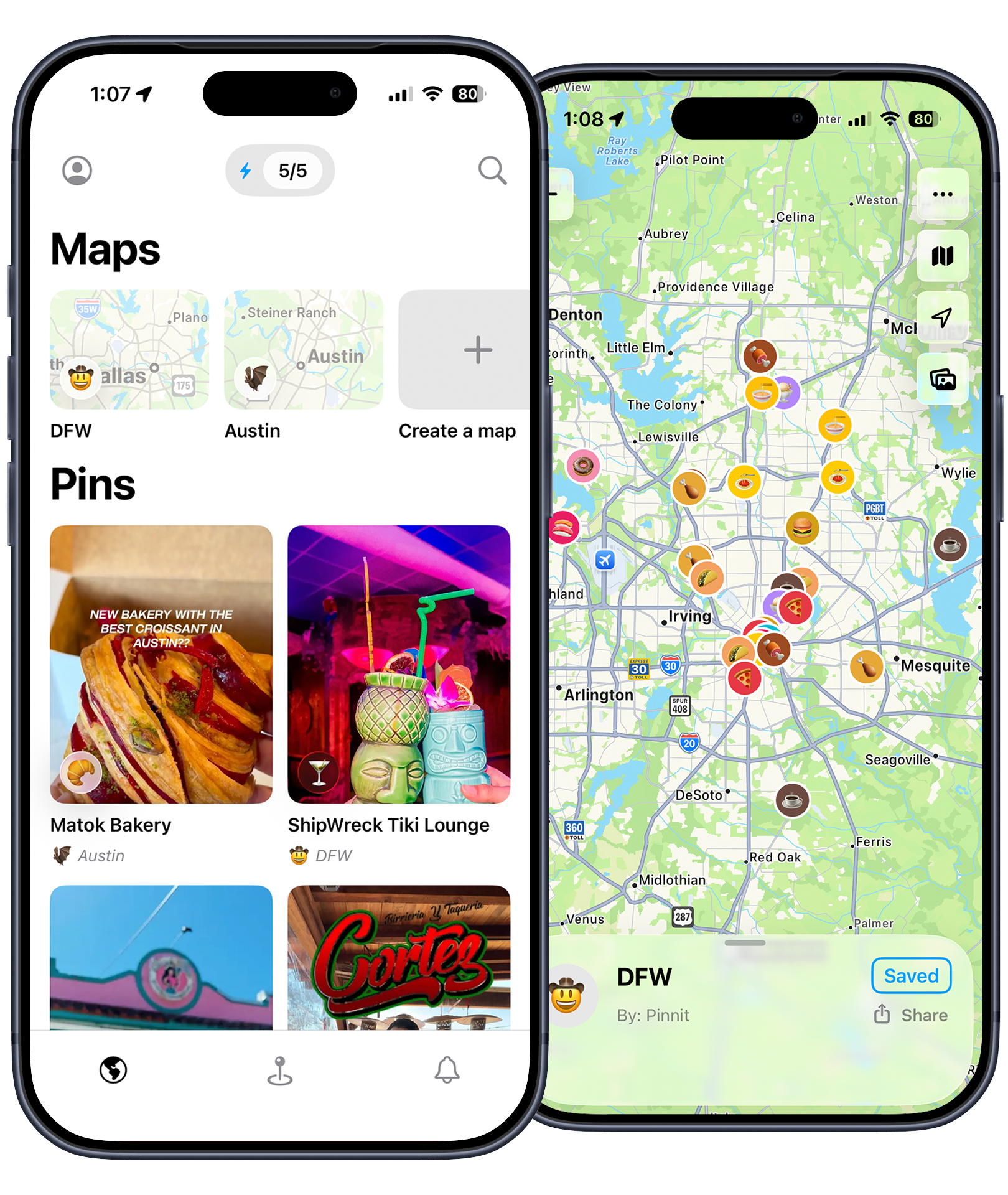 Pinnit app showing saved restaurant maps and emoji pins on iPhone
