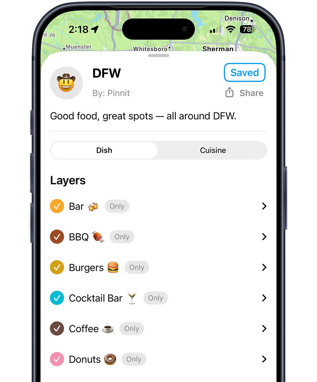 Pinnit layers showing restaurants organized by category including Bar, BBQ, Burgers, Coffee, Pizza, and more