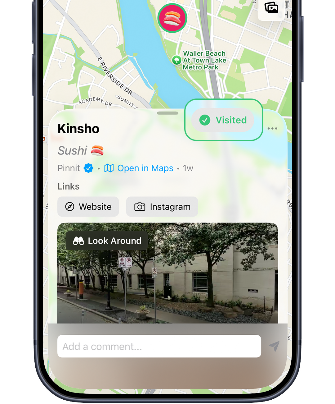 Pinnit pin detail for a sushi restaurant showing a Visited badge, cuisine type, and map location